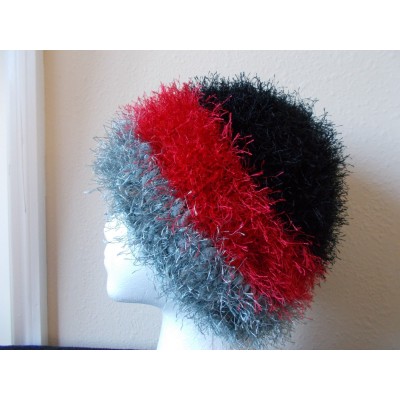 Hand knitted fuzzy and soft  beanie/hat  gray/red/black  eb-73667143